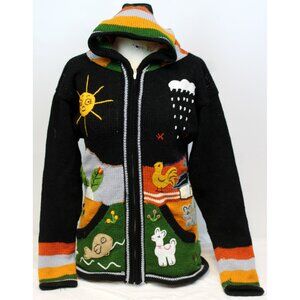 Peruvian Womens Lg Cardigan Sweater Whimsical Applique Fun Hoodie Animals Long